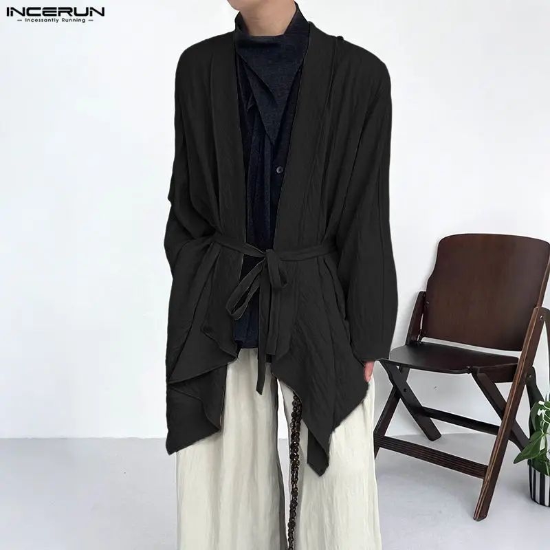INCERUN Men Shirt Solid Color Lapel Long Sleeve Casual Irregular Shirts Men With Belt Lace Up Streetwear Pleated Men Clothing
