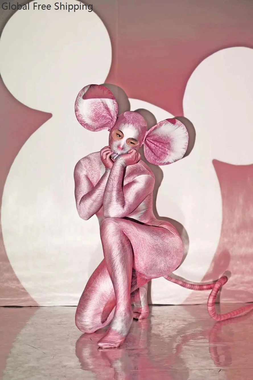 Personalized Mouse Role Playing Costume Printed Stretch Halloween Bodysuit Nightclub Cosplay Pink Ears Long Tail Tights Stage