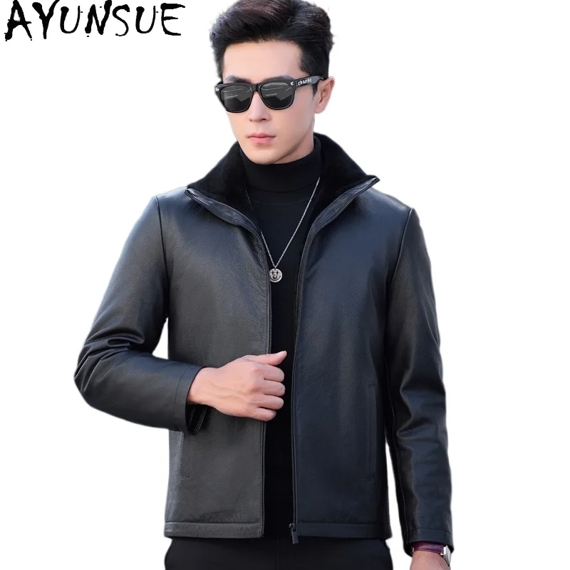

AYUNSUE куртка из 100% натуральной кожи, мужская зимняя короткая теплая куртка из натуральной воловьей кожи, повседневные черные кожаные куртки с шерстяной подкладкой, мужские 2025