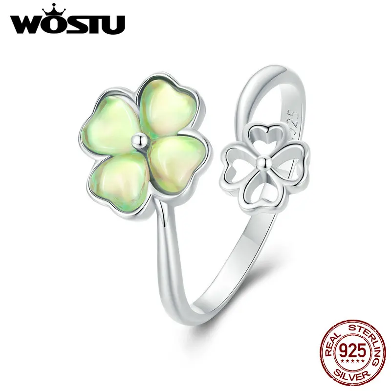 WOSTU 925 Sterling Silver Four-Leaf Clover Open Ring With Green Glass For Women Girl Birthday Graduation Gift Fine Jewelry