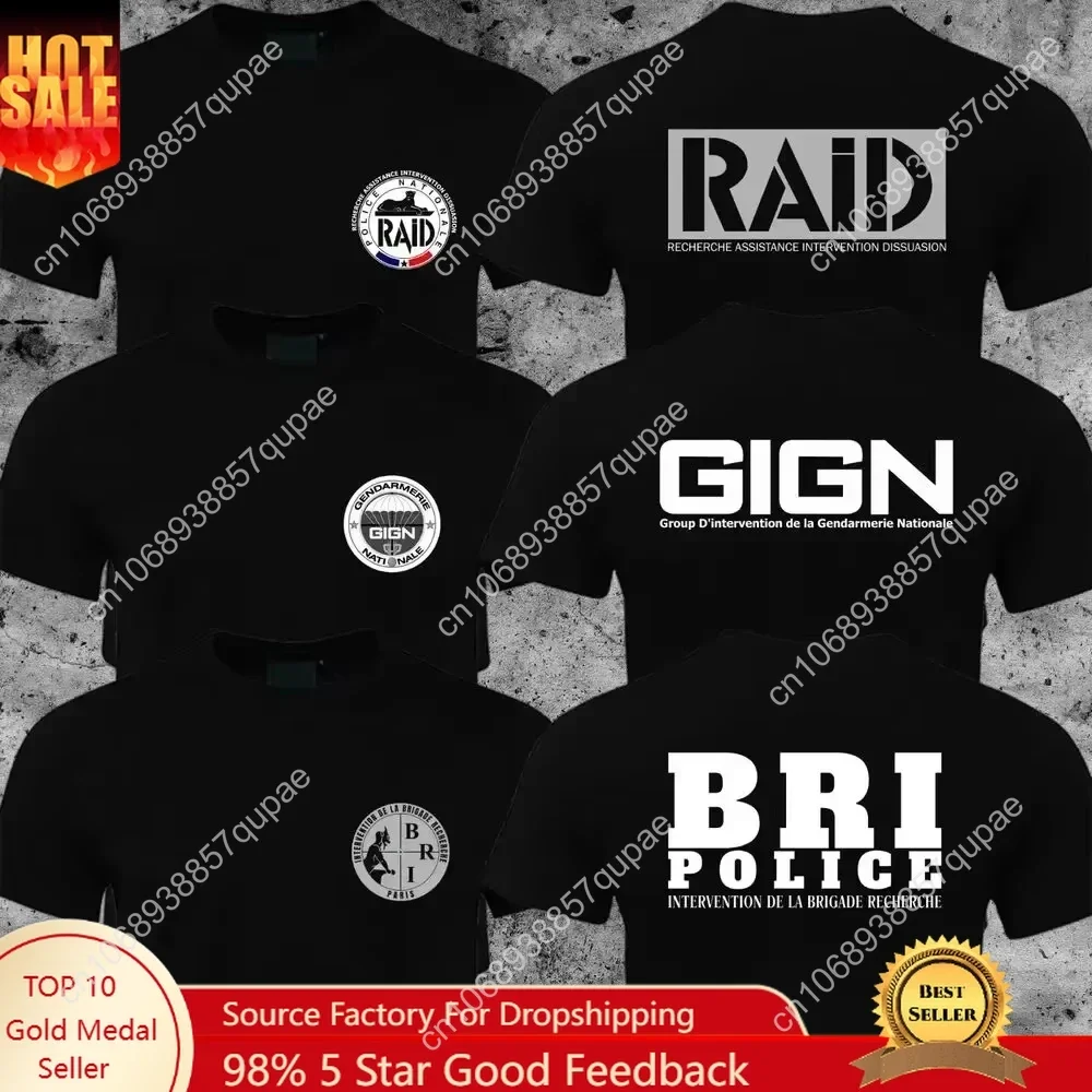 

2025 France French Special Elite Forces GIGN Raid BRI Men T-shirt 100% Cotton High Quality Summer Round Neck Short Sleeves