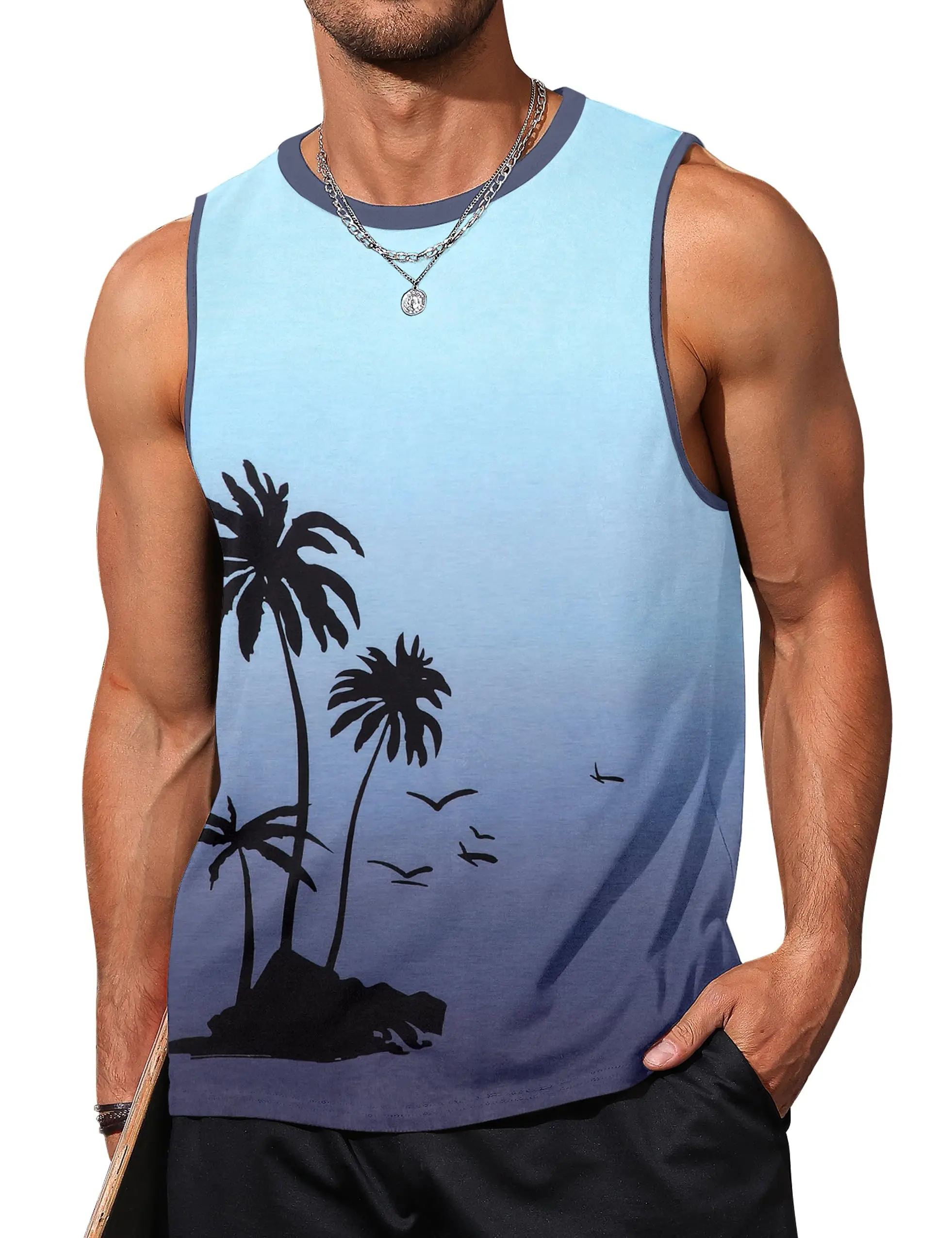 Men's casual sports vest Gradient two-tone coconut tree print men's loose summer fashion vintage oversized crew collar T-shirt