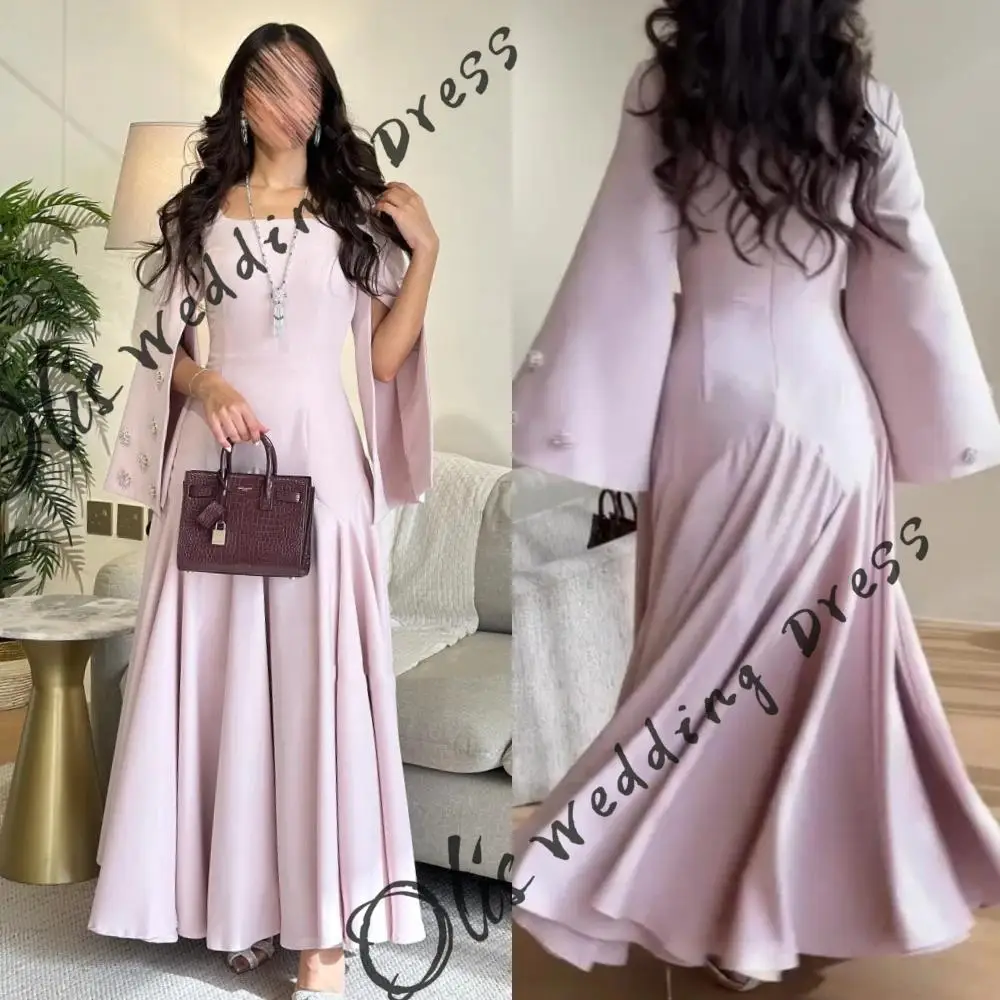 

customized Pink Formal Party Gowns Long Sleeves Prom Dresses Square Neck Ankle Length Beadings Women's Temperament Pleated Eveni