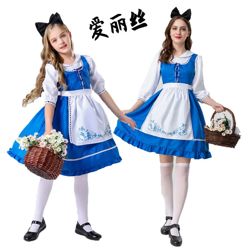 loween Alice in Wonderland Cosplay Costume Adult Parent-Child Matching Blue And White Skirt Maid Roleplay Outfit