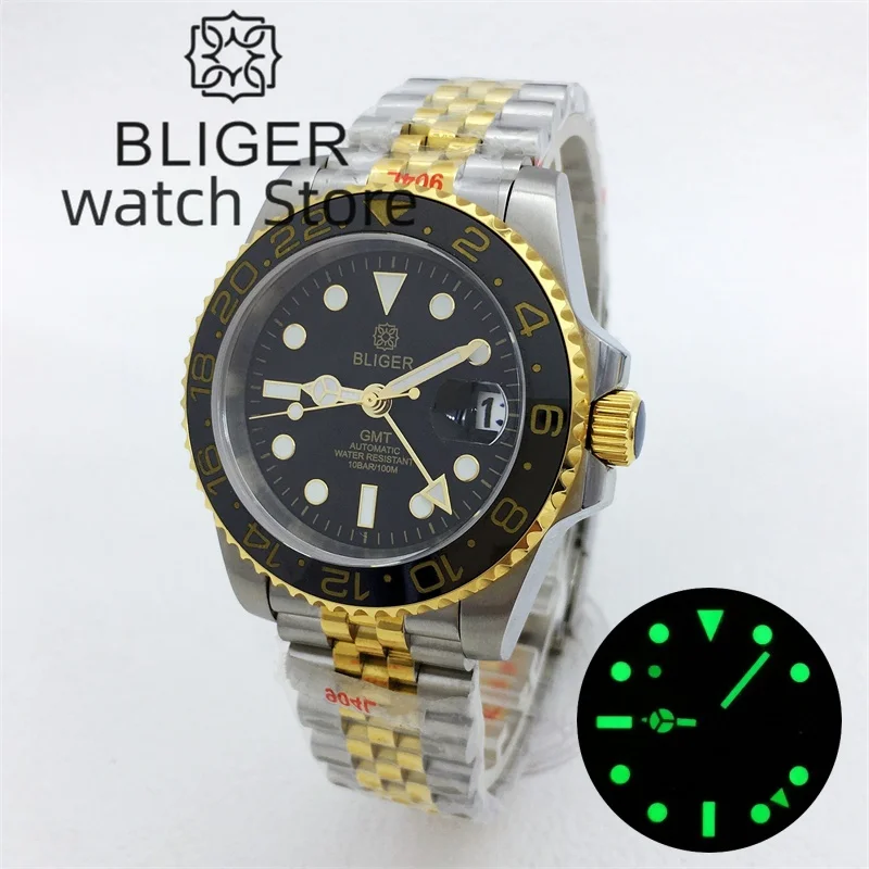 

BLIGER 40mm Rootbeer GMT NH34 Automatic Watch For Men Black Dial Luminous Sapphire Glass Luxury Two Tone Gold Case Bracelet