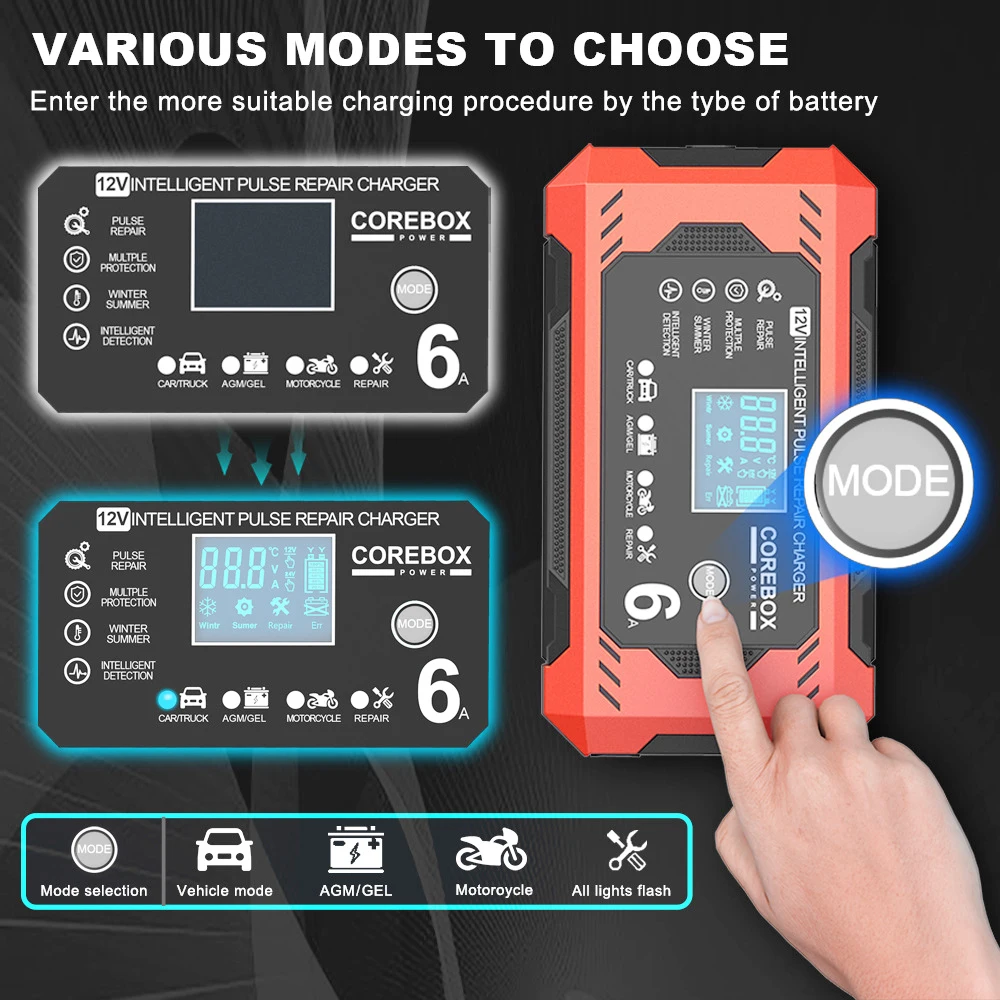 Cargador de batería de coche inteligente de alta potencia 12V/6A para motocicleta SUV camión reparación de pulso inteligente carga de batería multifuncional