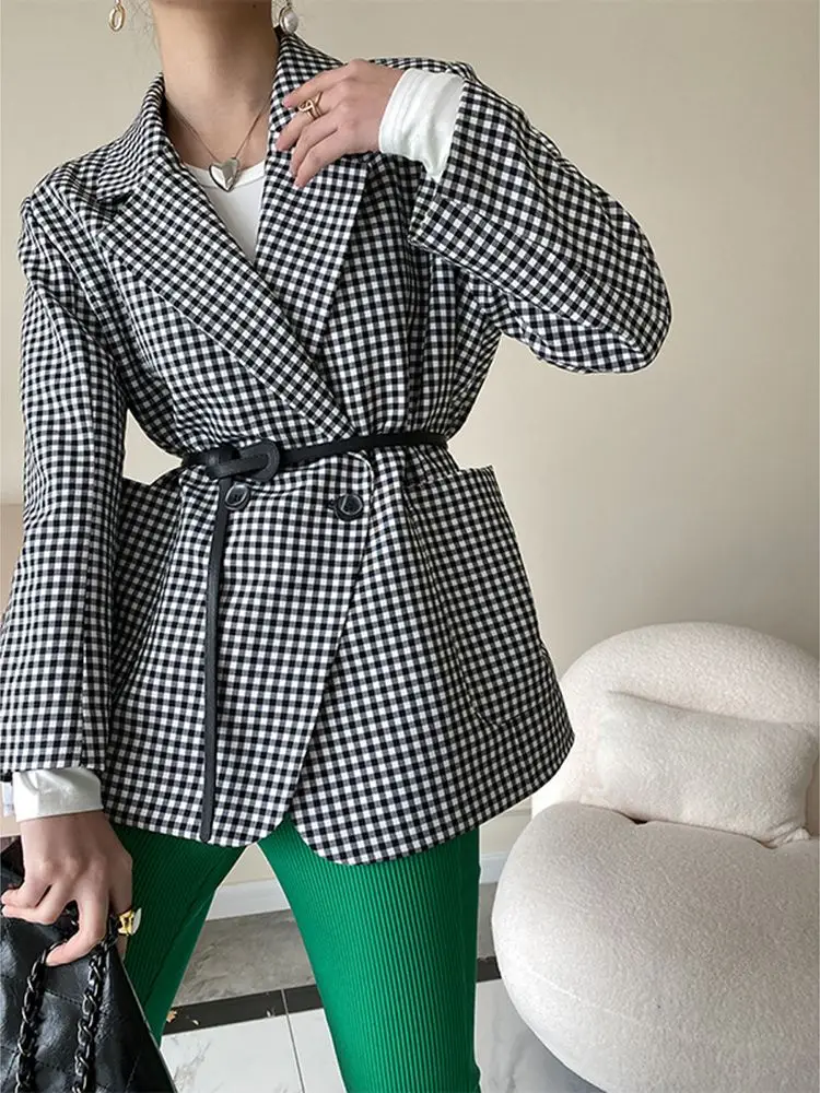 

Fashion Check Contrast Color Ladies Blazer 2022 Spring Autumn New Notched Collar Big Pockets Suit Coat Trend Plaid Jacket