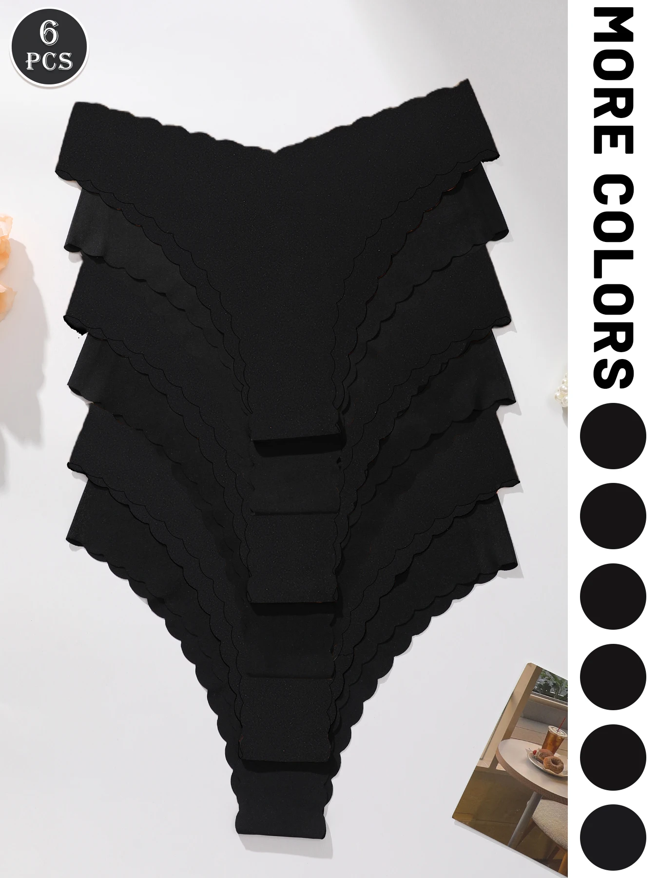 6pcs Women's Black Triangle Panties, Soft and Comfortable, with a V-Shaped Wavy Edge Design