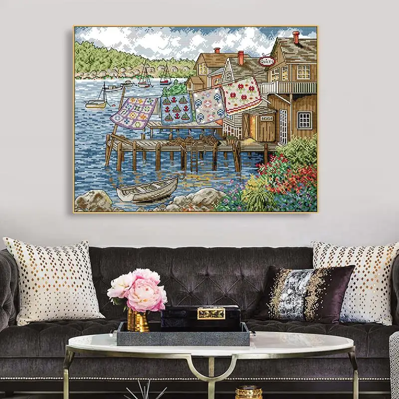 Joy Sunday Seaside Living Scenery Cross Stitch Kit DIY Hand Embroidery 14CT 11CT White Canvas Print Fabric Sewing Set Home Decor