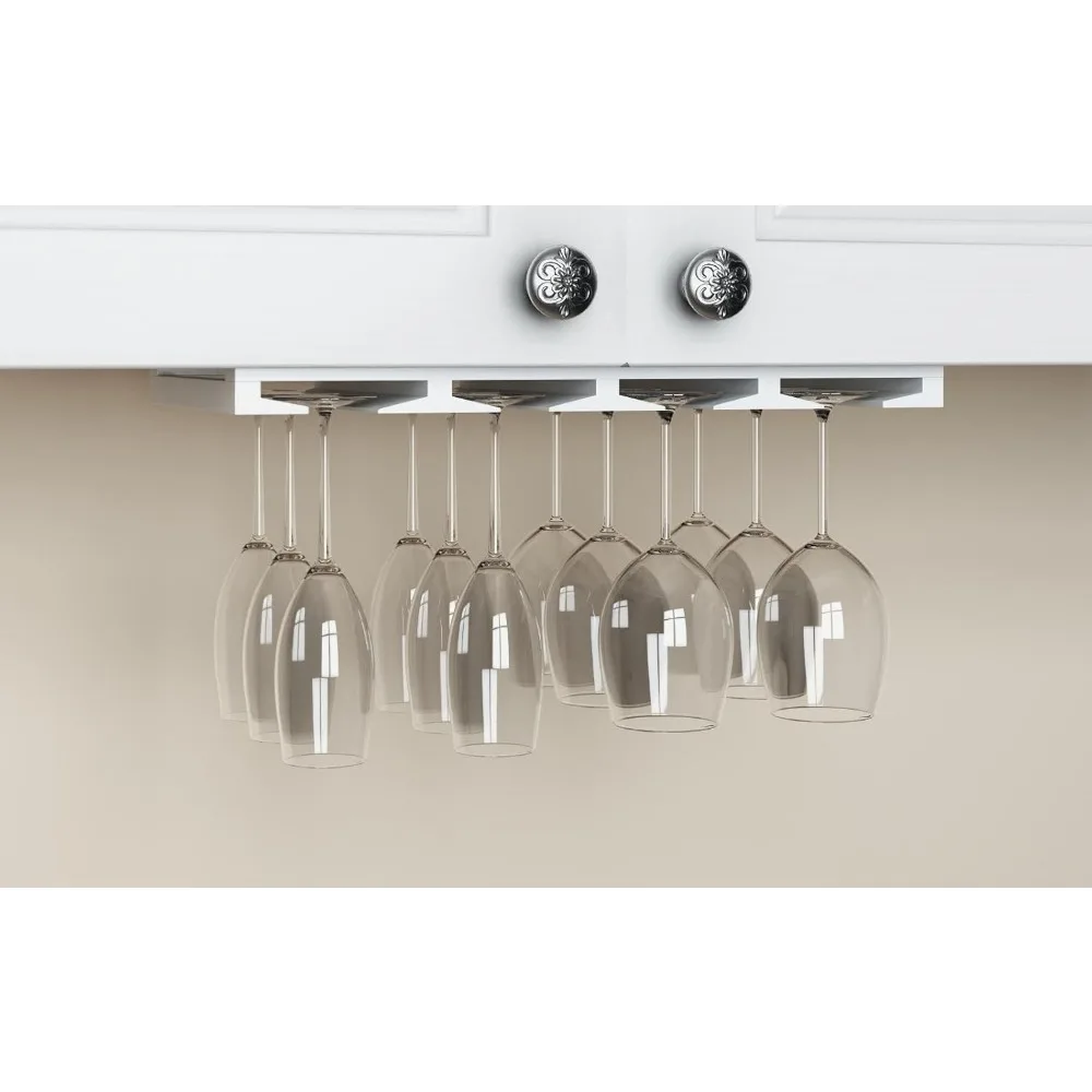 4-Section Under Cabinet Wood Stemware Rack with 12 Glass Storage, White Finish, 10 Inch Deep