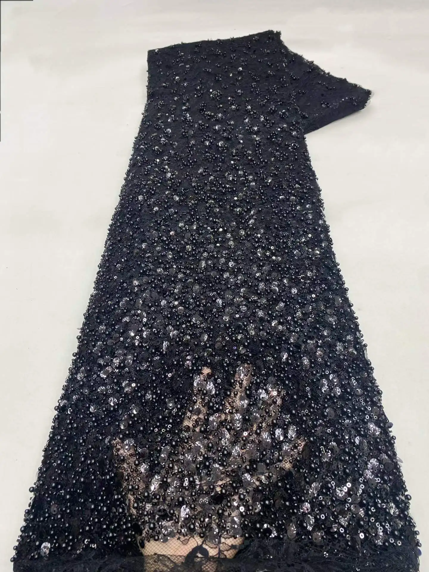 

African Lace Fabric 2026 High Quality 5 Yards Beaded Lace Fabric Luxury Royal Blue Sequence Lace Fabric For Evening Dress