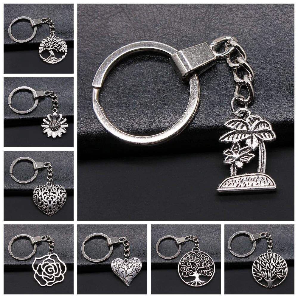 New Fashion Men 30mm Keychain DIY Metal Alloy Holder Chain Vintage Heart Flower Rose Sunflower Tree Pendant Keyring