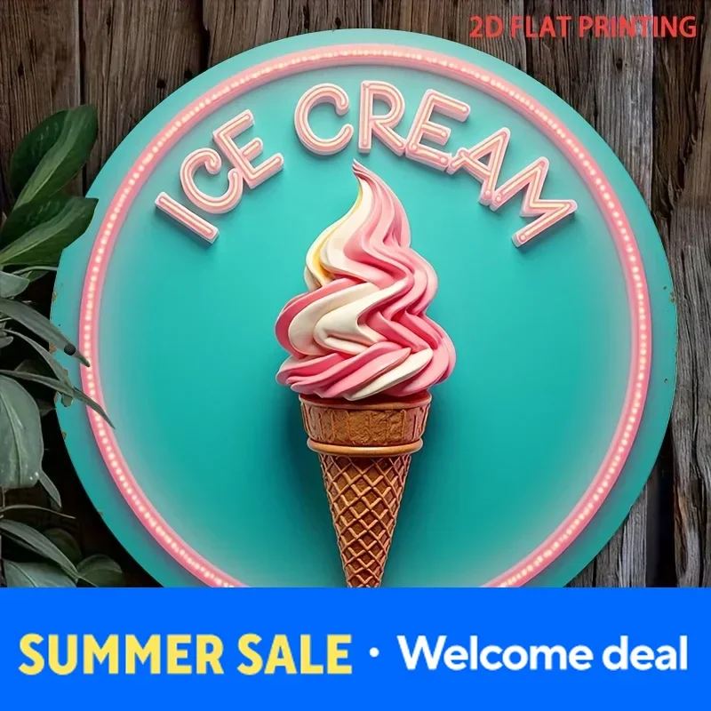 Vintage Ice Cream Parlor Metal Sign - Retro Round Wall Decor for Patio, Dining Room, Garage, Pre-Drilled Holes, Easy Install