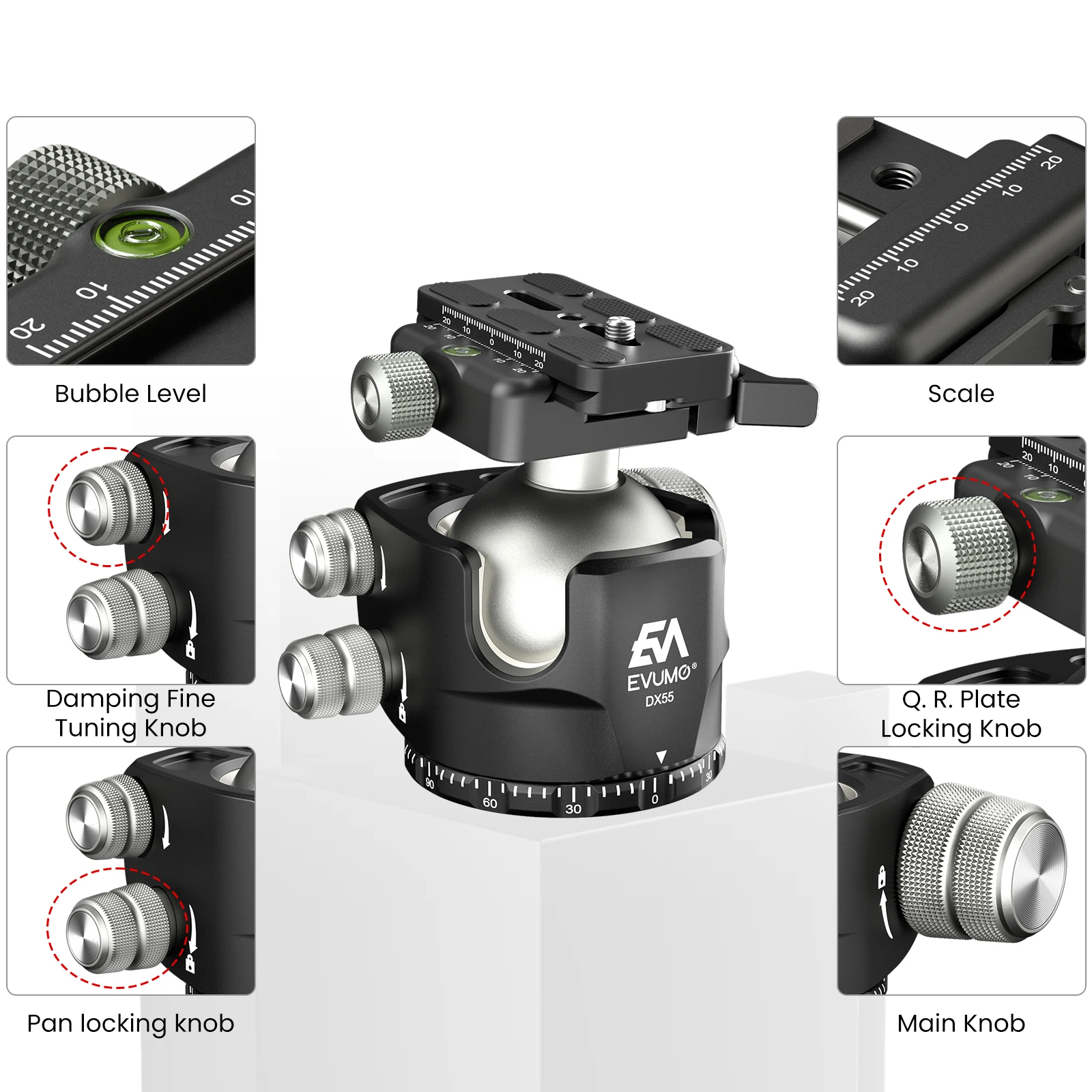 EVUMO głowica kulowa 55mm do statywu kamera Picatinny/Arca Swiss głowica statywu mocowanie stop aluminium panoramiczny DX55-P maksymalne obciążenie 40kg