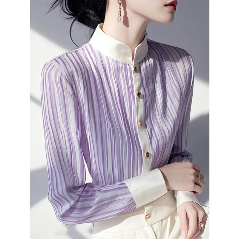 여성용 쉬폰 셔츠 여성용 새로운 폭발 봄 독특하고 아름다운 회색 대비 줄무늬 싱글 브레스트 셔츠 및상의