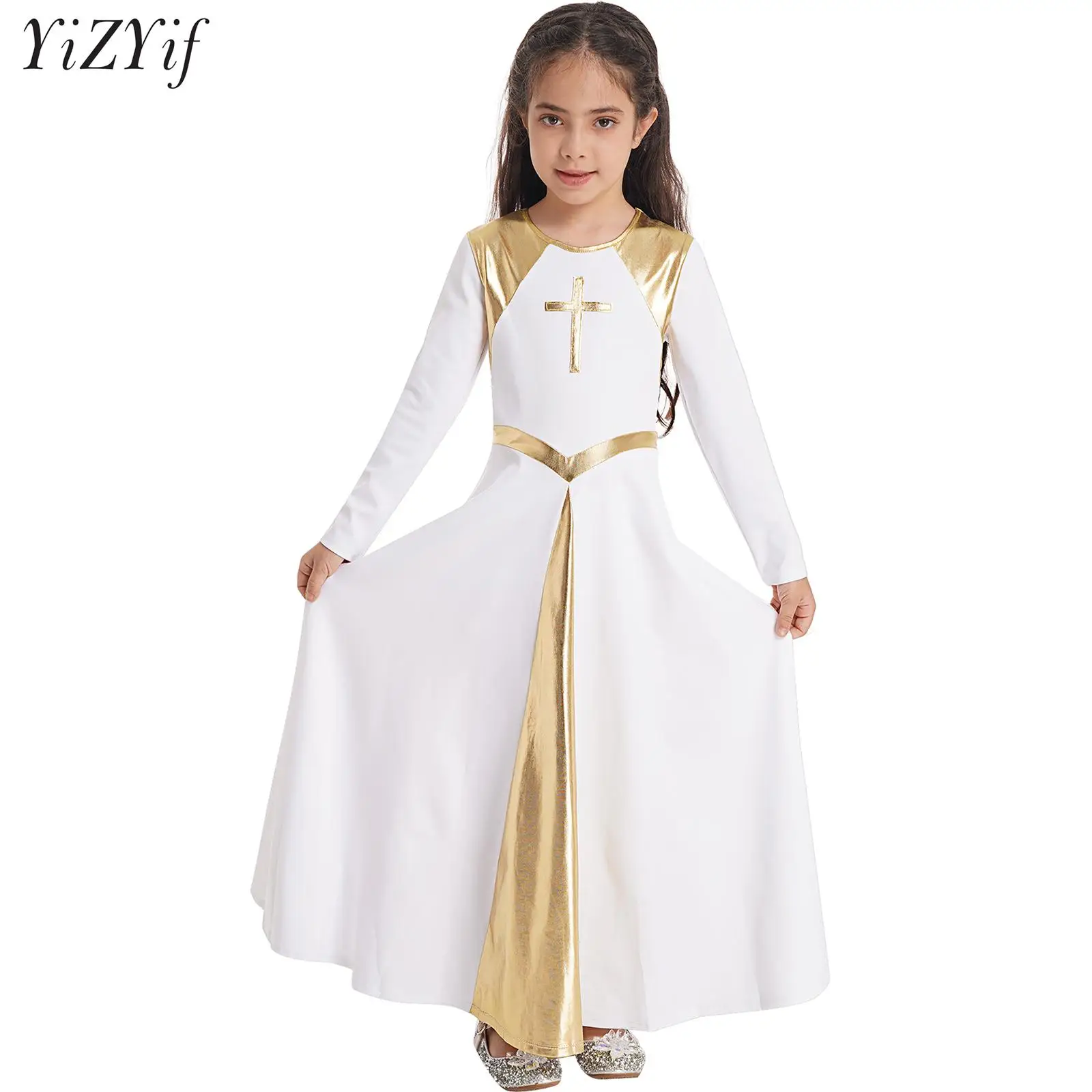 

Kids Girls Long Sleeve Cross Liturgical Praise Dance Worship Dress Church Choir Lyrical Performance Full Length Robe Costume