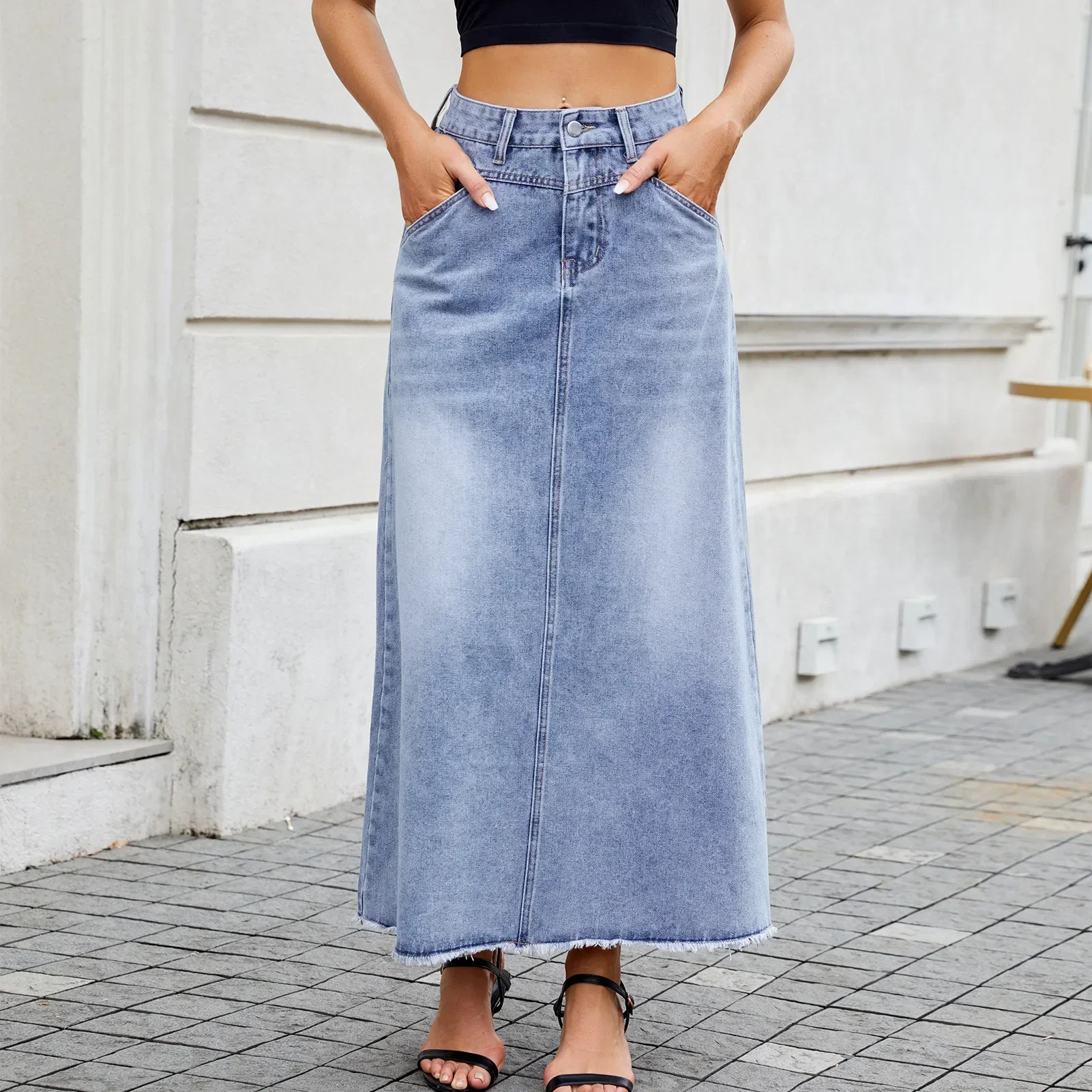 

Denim Long Skirt Women Summer Basics Skirts Streetwear High Waist Washed Distressed Pockets Button 2025 Female Vintage A Line