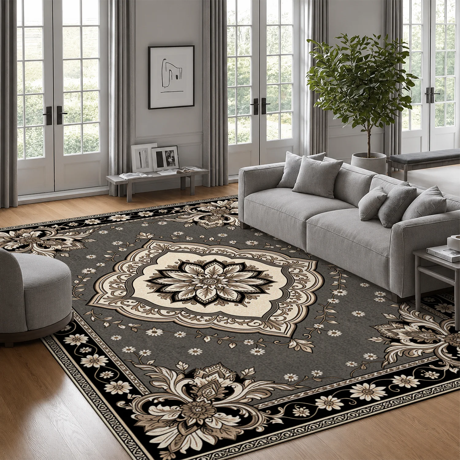 Ornate Traditional Floral Medallion Pattern Area Rug, Velvet, Machine Washable Soft Floor Carpet for Living Room, Bedroom, Dining Room, Entryway, Ideal for Halloween, Thanksgiving, Christmas, New Year, Black Friday, Cyber Monday Decor