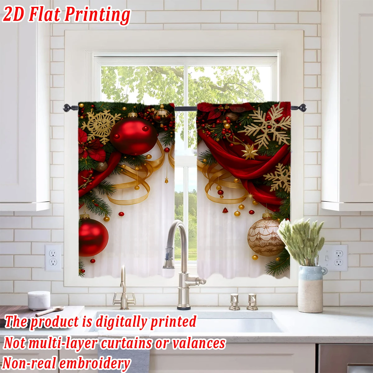 Christmas Flat Printing Kitchen Sheer Curtain with Merry Christmas Ball Snowflake Ornament For Christmas Home Decor  Party