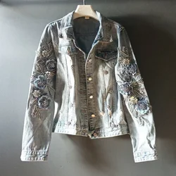 Women's Denim Jackets Diamonds Spring Autumn Female Jeans Coat Embroidered with Rhinestones Patchwork Sequin Print Graphic Blue