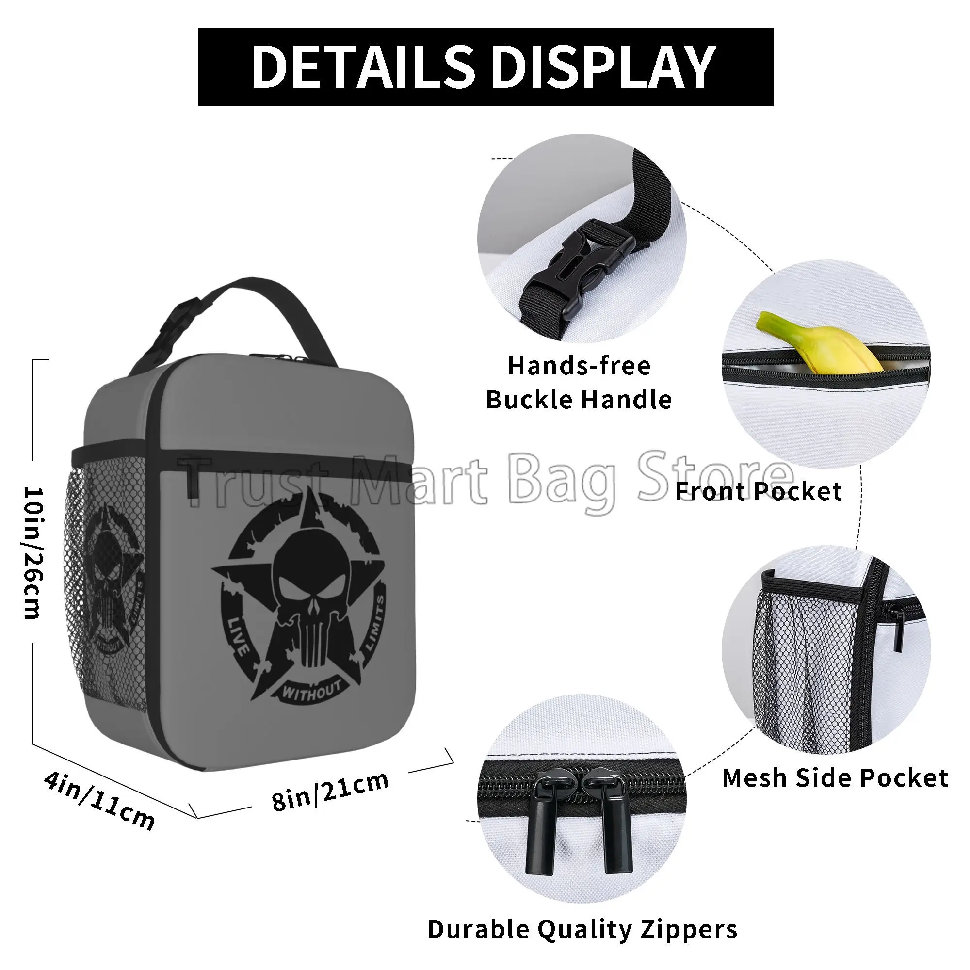 Military Tactical Skull Star Insulated Lunch Bag Portable Waterproof Lunch Box Thermal Cooler Bento Tote for Work Travel Picnic