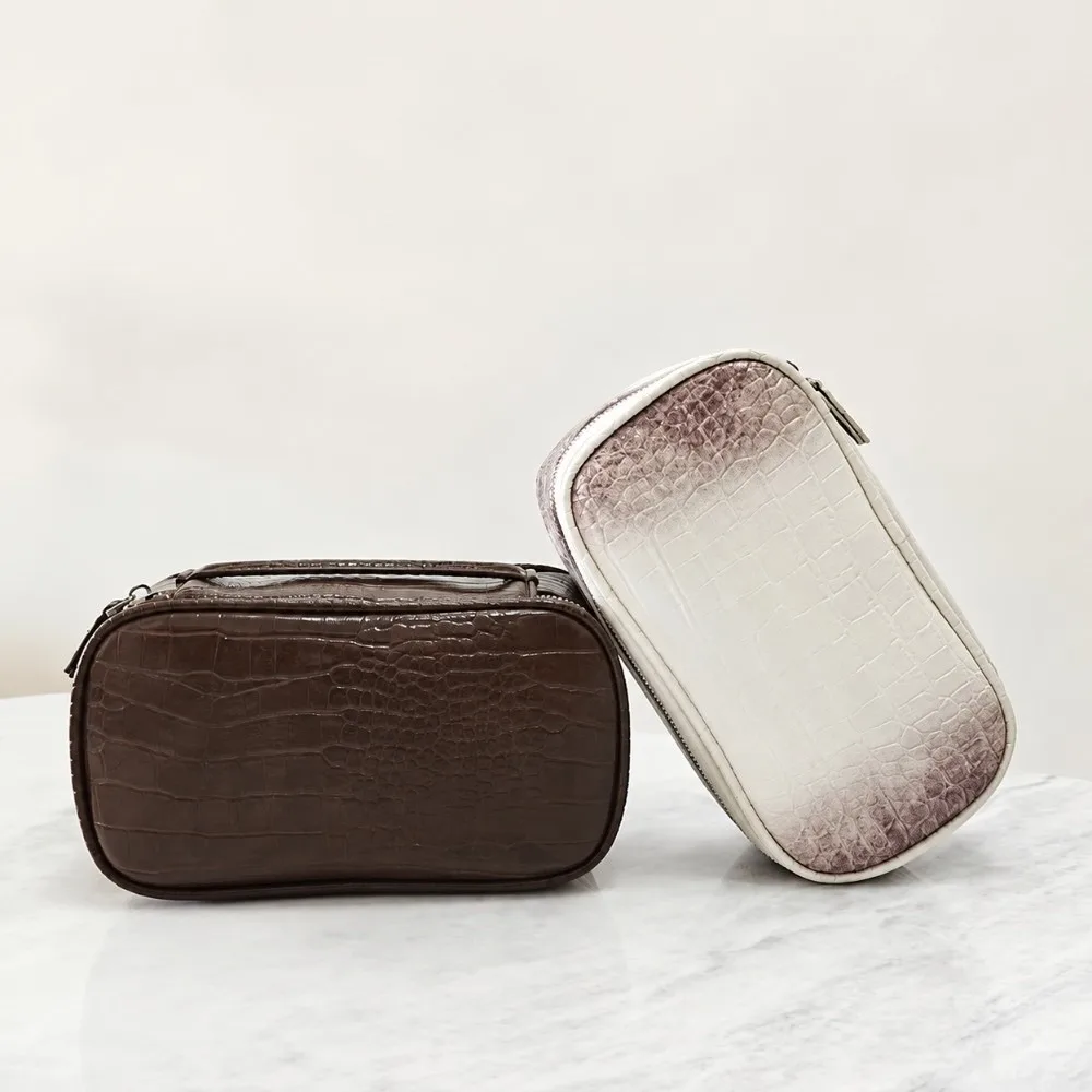 Portable PU Leather Makeup Bag Zip Closure Crocodile Texture Vanity Cosmetic Pouch with Handle Storage Pouch for Women and Men