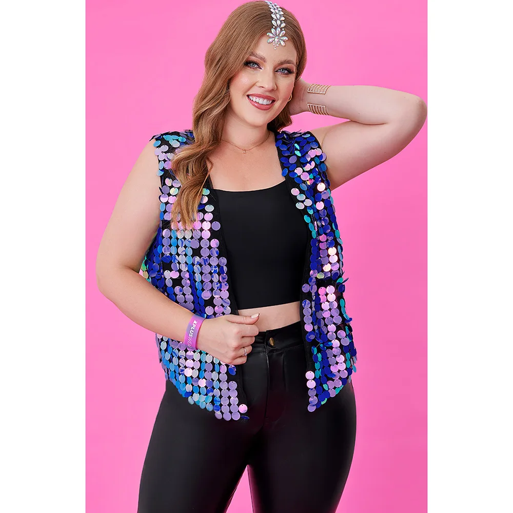 Plus Size Purple Party Open Front Sleeveless Sequin Vest Tank Tops