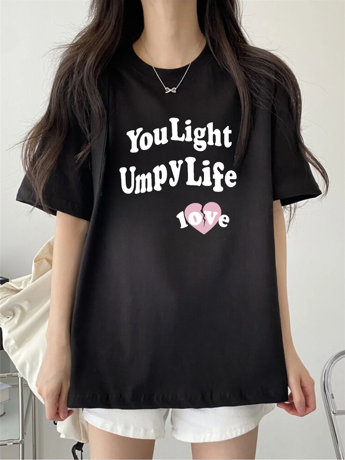 

Женская футболка - "You Light Up My Life" с графическим принтом и круглым вырезом в стиле Харадзюку, повседневная эстетичная одежда с короткими рукавами