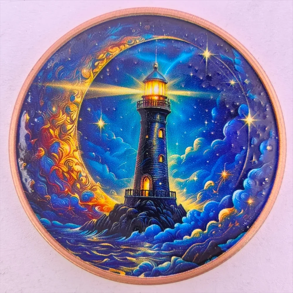 1oz.999 Fine Copper 5pc Set Sky Riddle Round Lighthouse Tree Moon Galaxy Feather Spiral Back Colorized Art Collectible Desk Gift