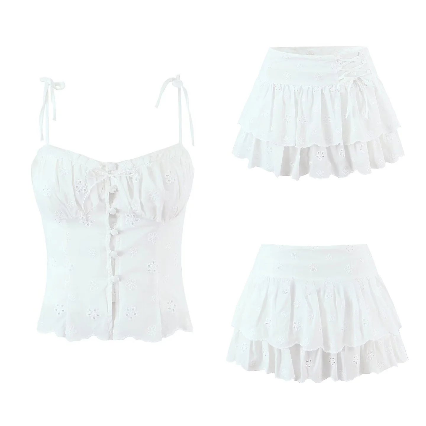 

Новинка Зима 2025: Модный женский комплект из топа на бретельках с вышивкой и юбки-шорта (два предмета)