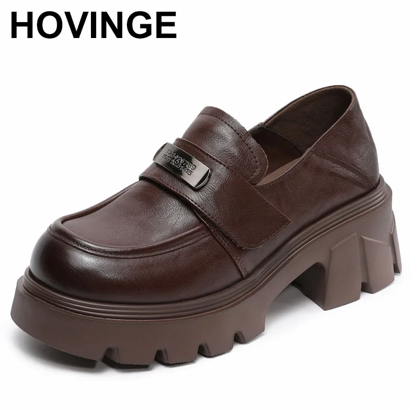 

Retro Genuine Leather Platform Shoes Women Thick High Heel Slip On Loafers Ladies Round Toe Metal Casual Single Shoes