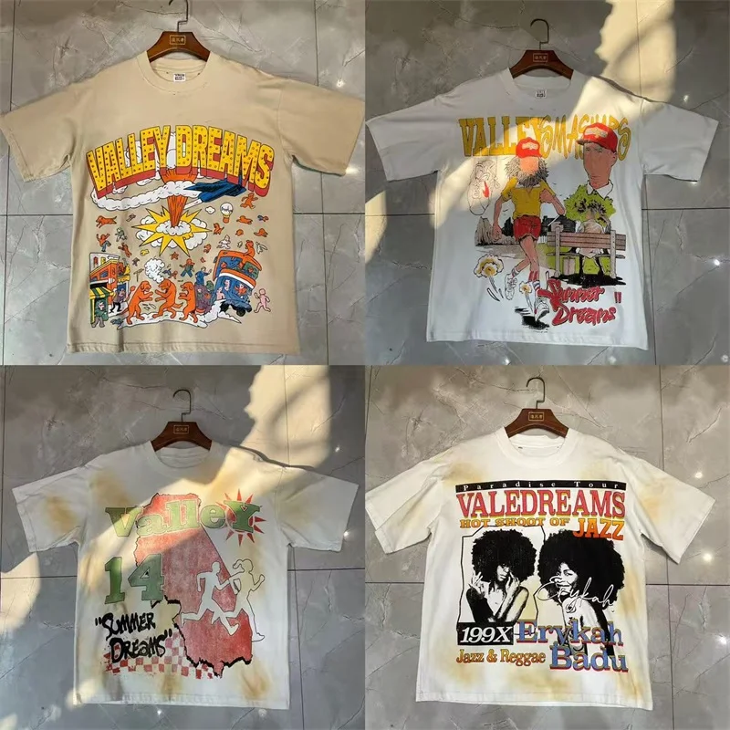 الأمريكية شارع العليا فالي الكرتون طباعة قمصان الرجال النساء القطن الخالص الساخن الحفر خطابات وادي المتضخم تي شيرت #1