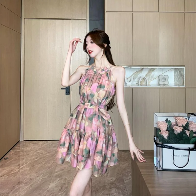 فستان نسائي صيفي بدون أكمام مكشكش برباط فستان زهري للنساء عاري الكتفين على شكل حرف a فستان مثير للحفلات