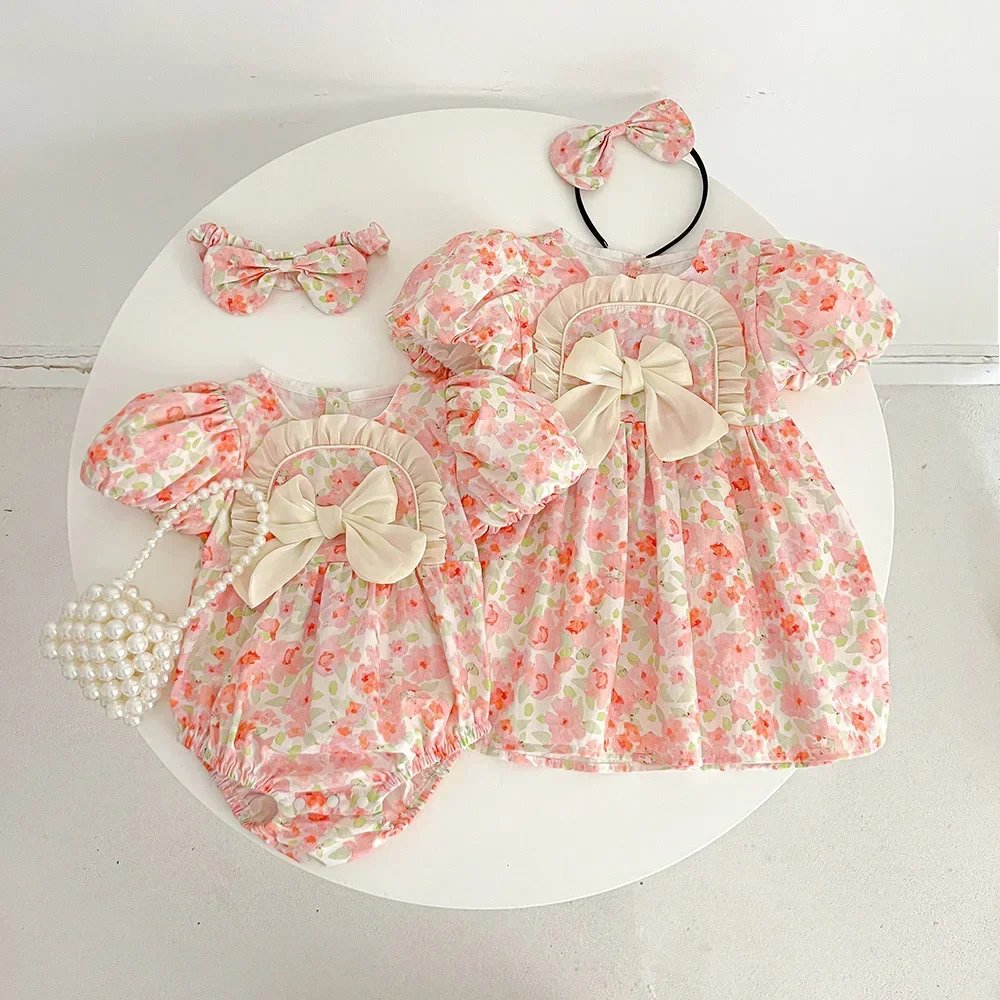 

2024 Baby Girls Cotton Flowers Big Bow Dresses/Rompers+headwear,toddlers Kids Summer Birthday Bodysuits Vestidos Clothes Outfits