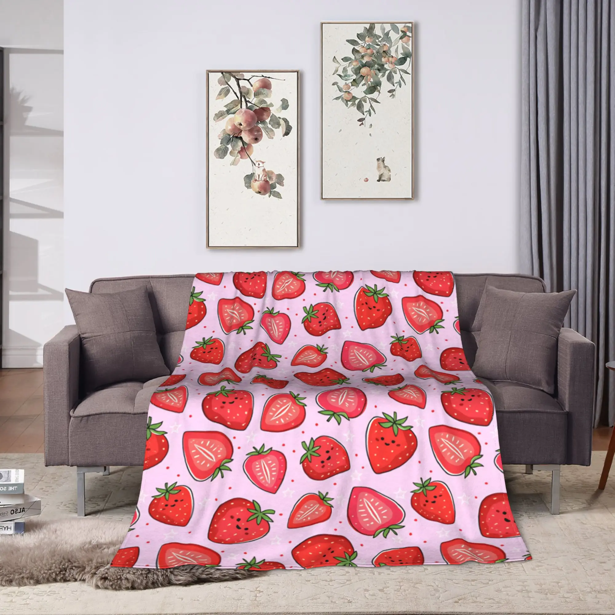 Cozy Blanket Picnic Cute Cartoon Strawberry Slice Seamless Pattern Bedding Throws Trend  Bedspread For Home Decor