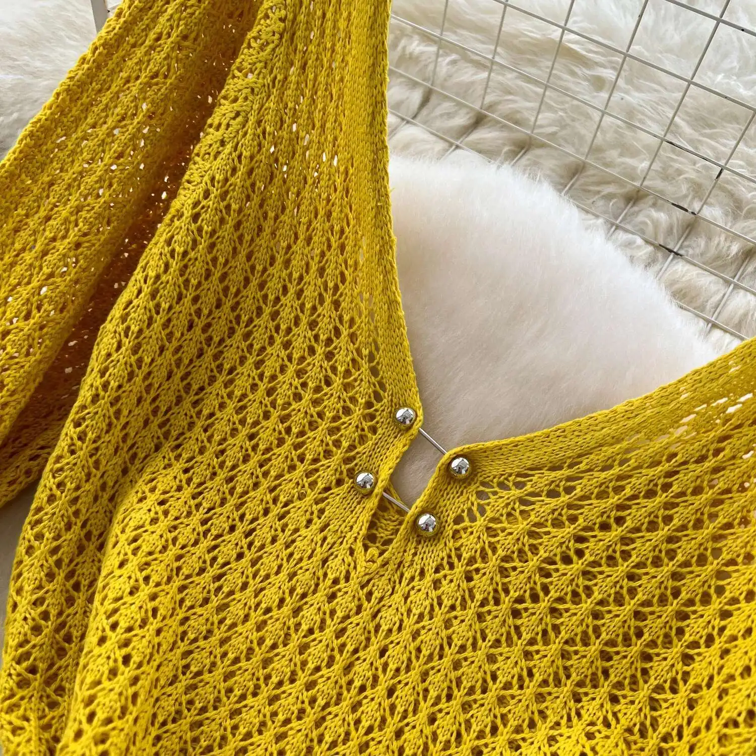 Abito sexy da spiaggia Donna Scollo a V Manica svasata Slim Abiti in maglia cava Estate Solid Boho Casual Abito lungo Abiti