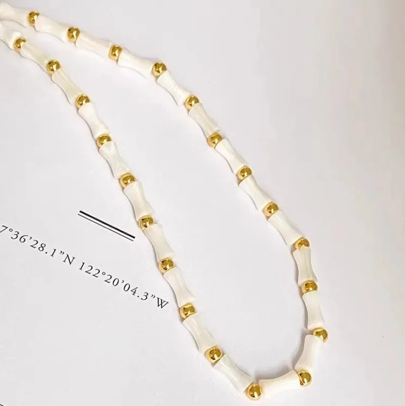 

Minar Handmade White Color Natural Shell Bamboo Joint Strand Beaded Necklace 14K Gold Plated Copper Chokers for Women Pendientes