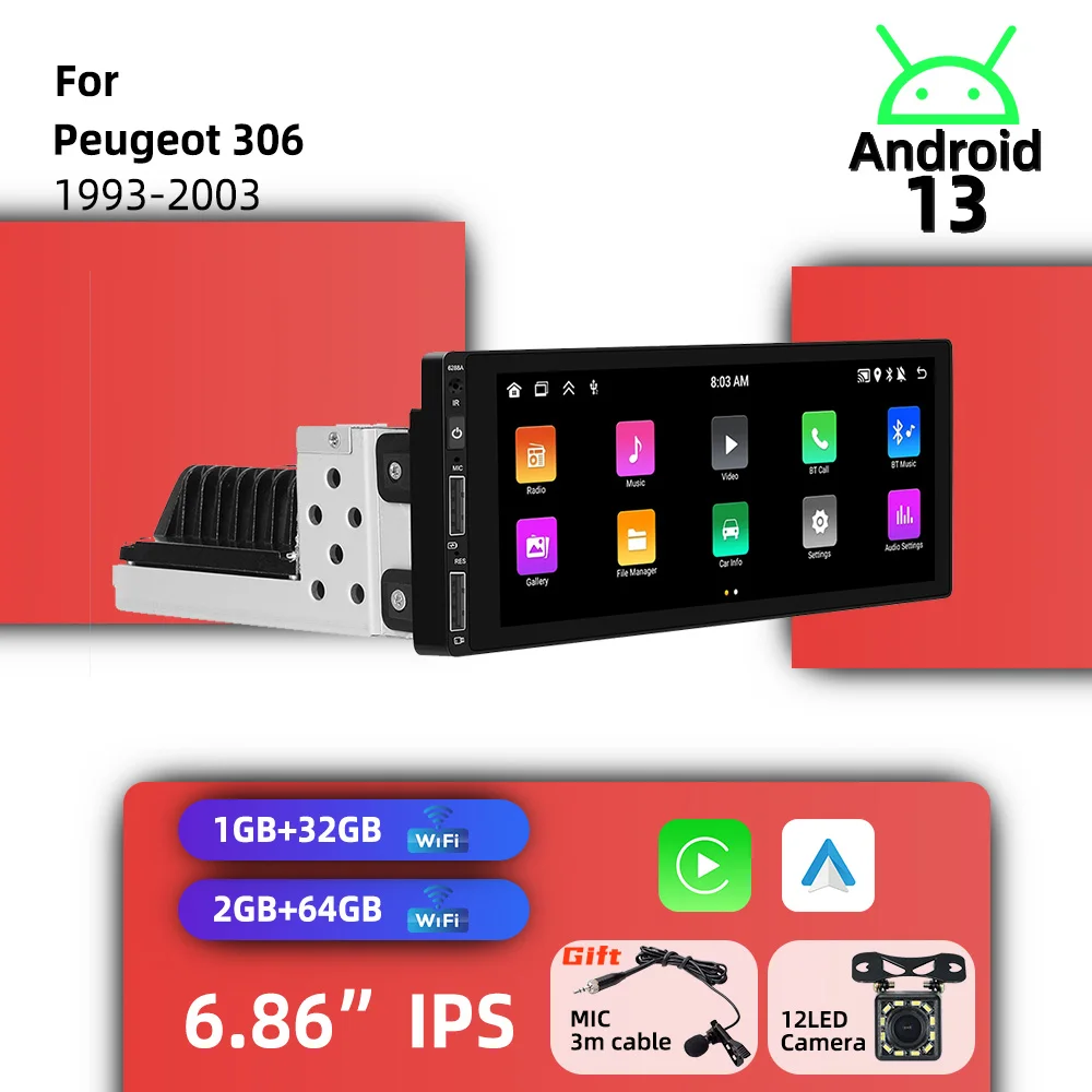 1 Din Radio Head Unit Wireless Carplay Autoradio Android Car Multimedia for Peugeot 306 1993-2003 6.86
