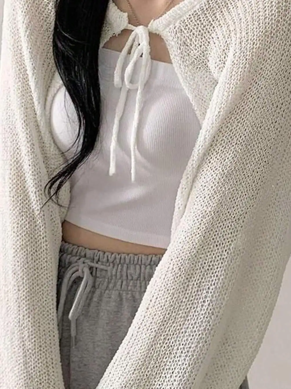 Koreański elegancki kardigan z dzianiny z jedwabiu lodowego chroniący przed słońcem, narzutka na ramię, długi sweter z wiązaniem na sznurku.