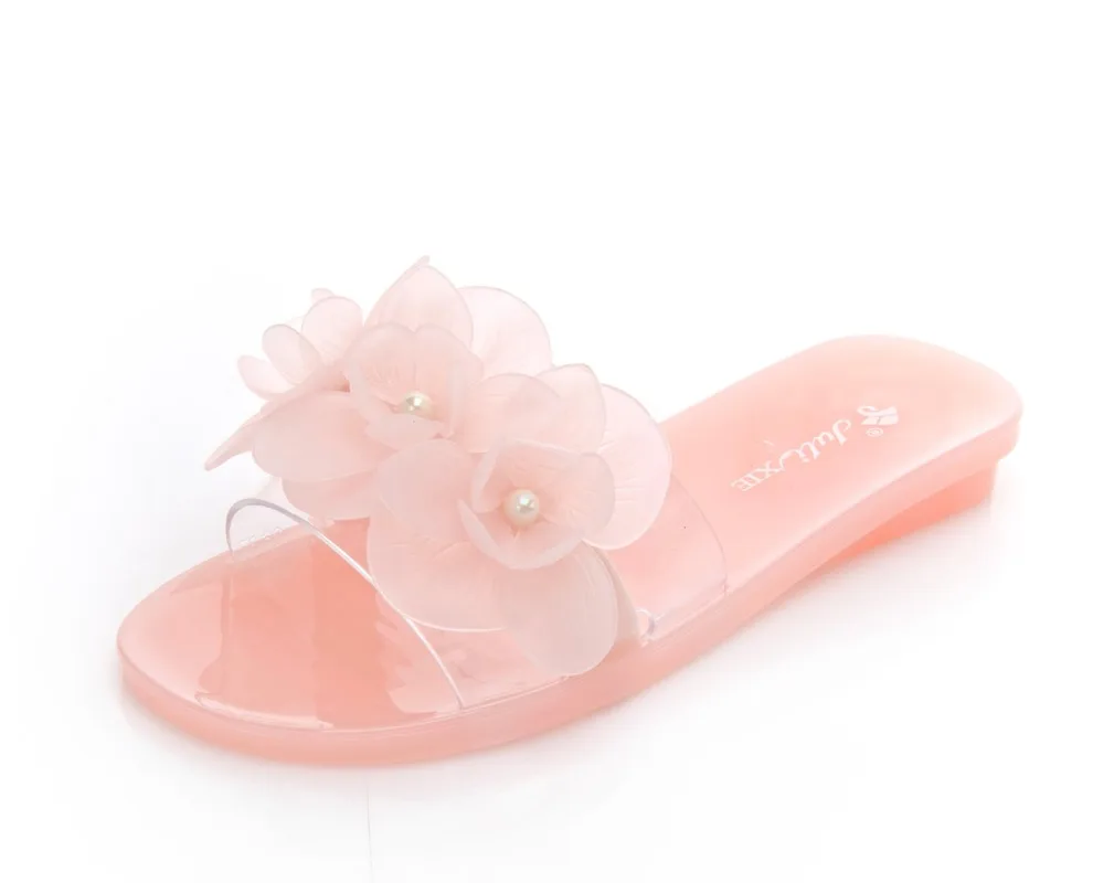 Summer Jelly Slippers Women\'s Single Shoes Flower Crystal Sandals Slippers Fashion Flat Transparent Non-slip Outer Beach Slides