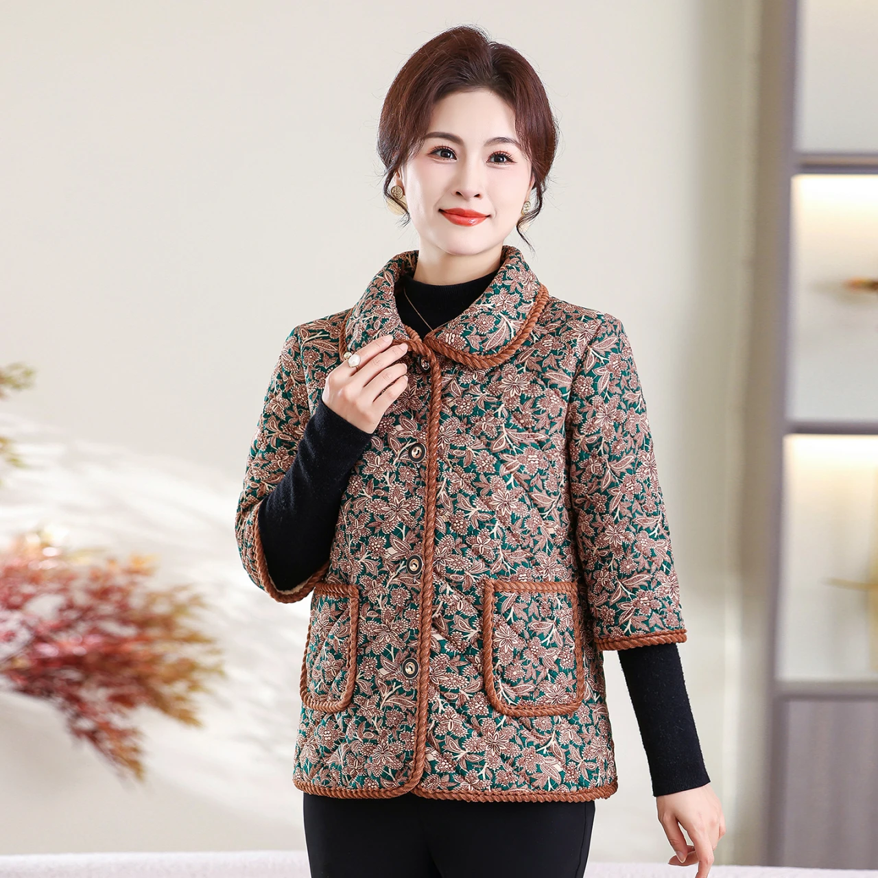 

Loose Fce Lined Cotton Jaet Mommy Sle Warmth Floral Print f Sve Outerwear for Women ly Autumn Faion