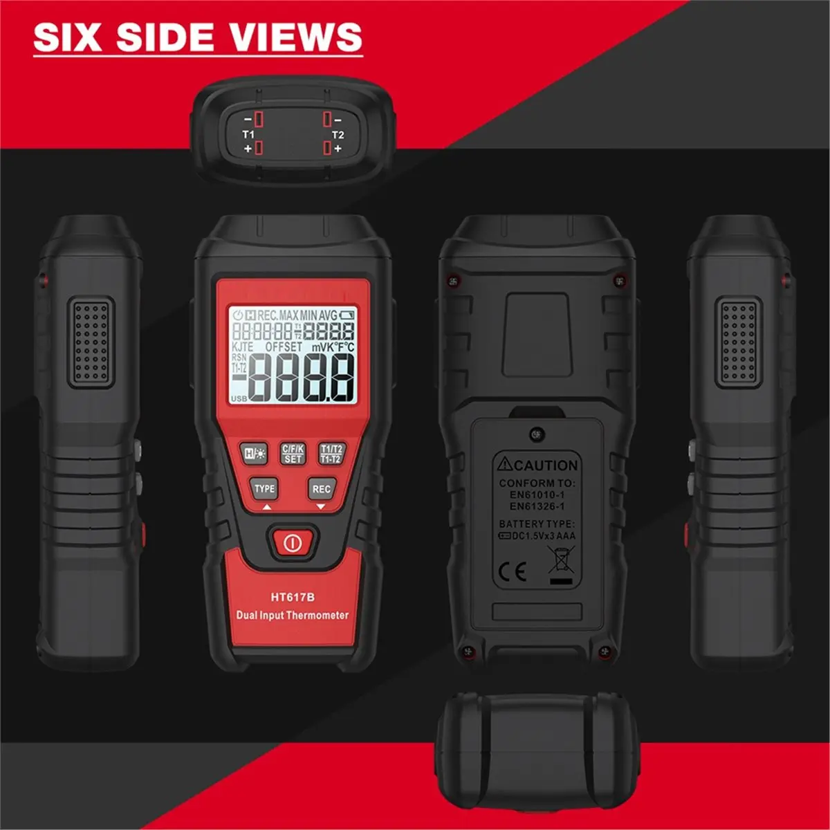 HT617B 2-CH Digital Thermometer -200-1372℃ Portable Thermometer for Liquid Temperature Measurement Thermometer