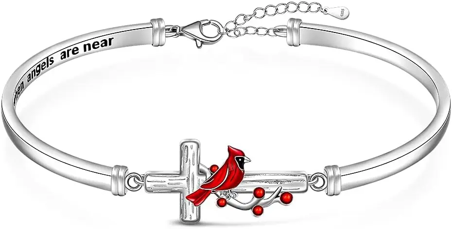 Red Cardinal Bracelet for Women Silver Cross Appear When Angels are Near Memorial Sympathy Bangle Jewelry Charms Gifts