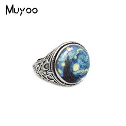 Vintage Van Gogh's Oil Paintings Cabochon Rings Starry Night Painting Jewelry Sunflower Adjustable Rings Accessories