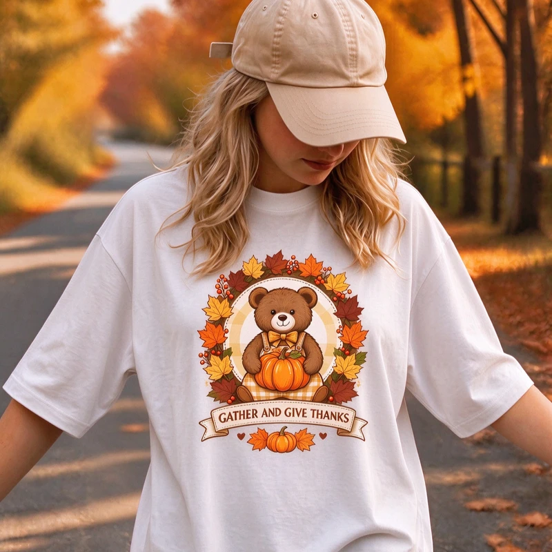 Fall Thanksgiving Women T Shirt Cute Teddy Bear Pumpkin Maple Leaves Graphic Tee Cotton Gather and Give Thanks Casual Y2k Top