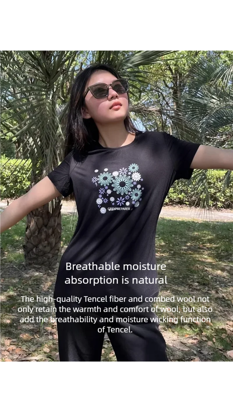 Outdoor women's new printed Merino wool Tencel breathable sweat Merino Hiking short sleeve T-shirt