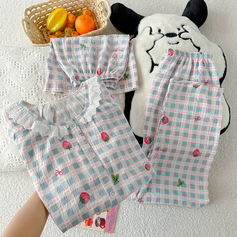 

Summer New Short-Sleeved Pyjamas Three Sets of Cute Strawberry Pajamas Girls Students Short-Sleeved Clouds Cotton Edge Homewear