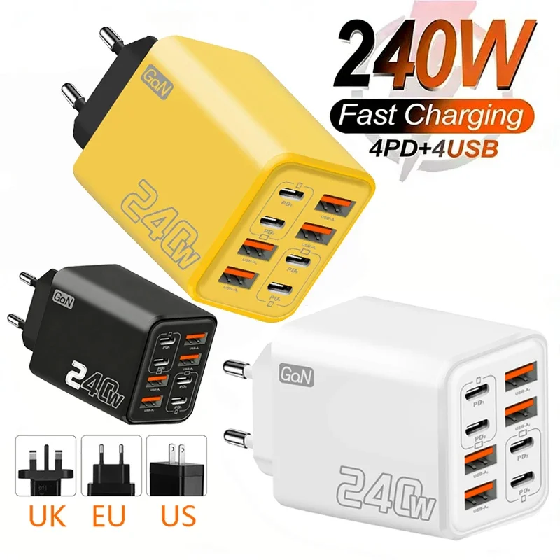 240W GaN USB C Charger 8 in 1 Fast Charging Phone Charger Power Adapter For iPhone Samsung Xiaomi Type C EU/US/UK Wall Charger