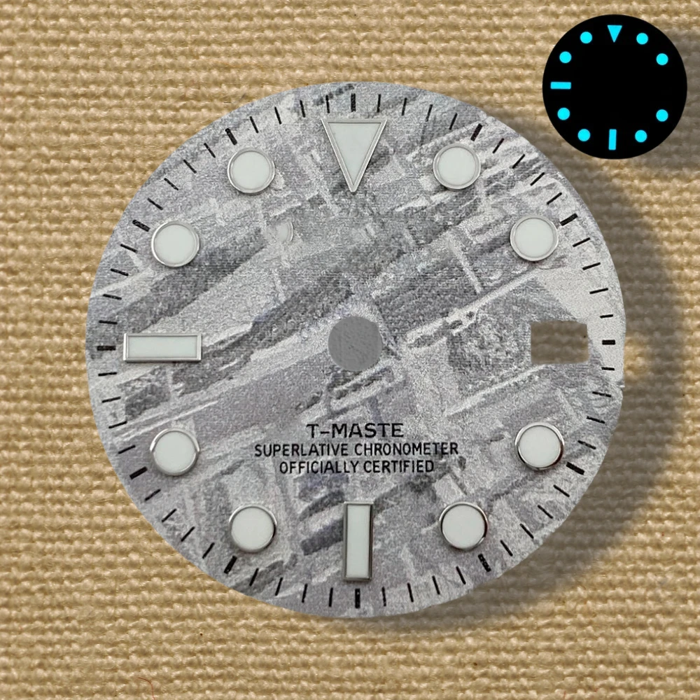 Hochwertiges 28,5 mm S-Logo-Meteorit-GMT-Zifferblatt, geeignet für NH34-Japanisches Uhrwerk, eisblaues, leuchtendes Uhrenmodifikationszubehör