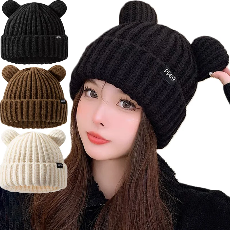 

Cute Bear Ear Knitted Wool Hat Women Fashion Hooded Thick Beanies Cap Winter Warm Woolen Hats Designer Kpop Personality Bonnet